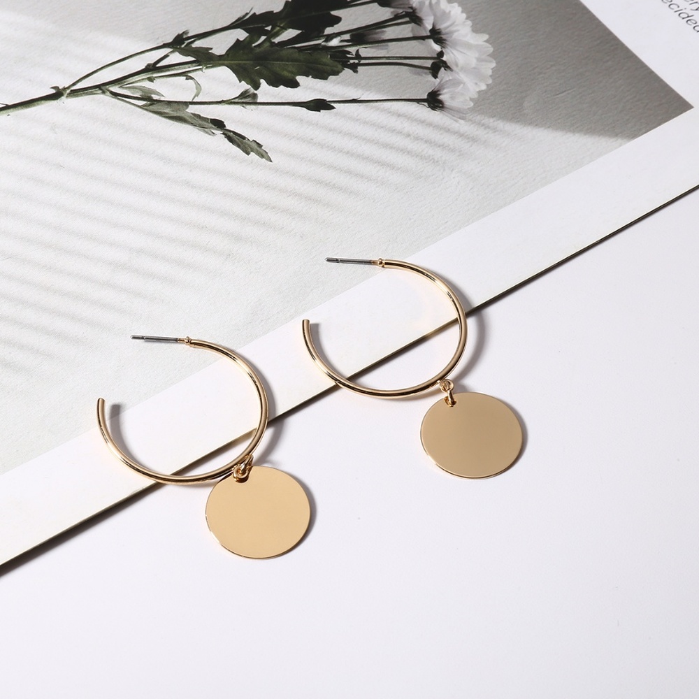 Minimalist Drop Hoop Earrings Circles - Picture 5 of 6